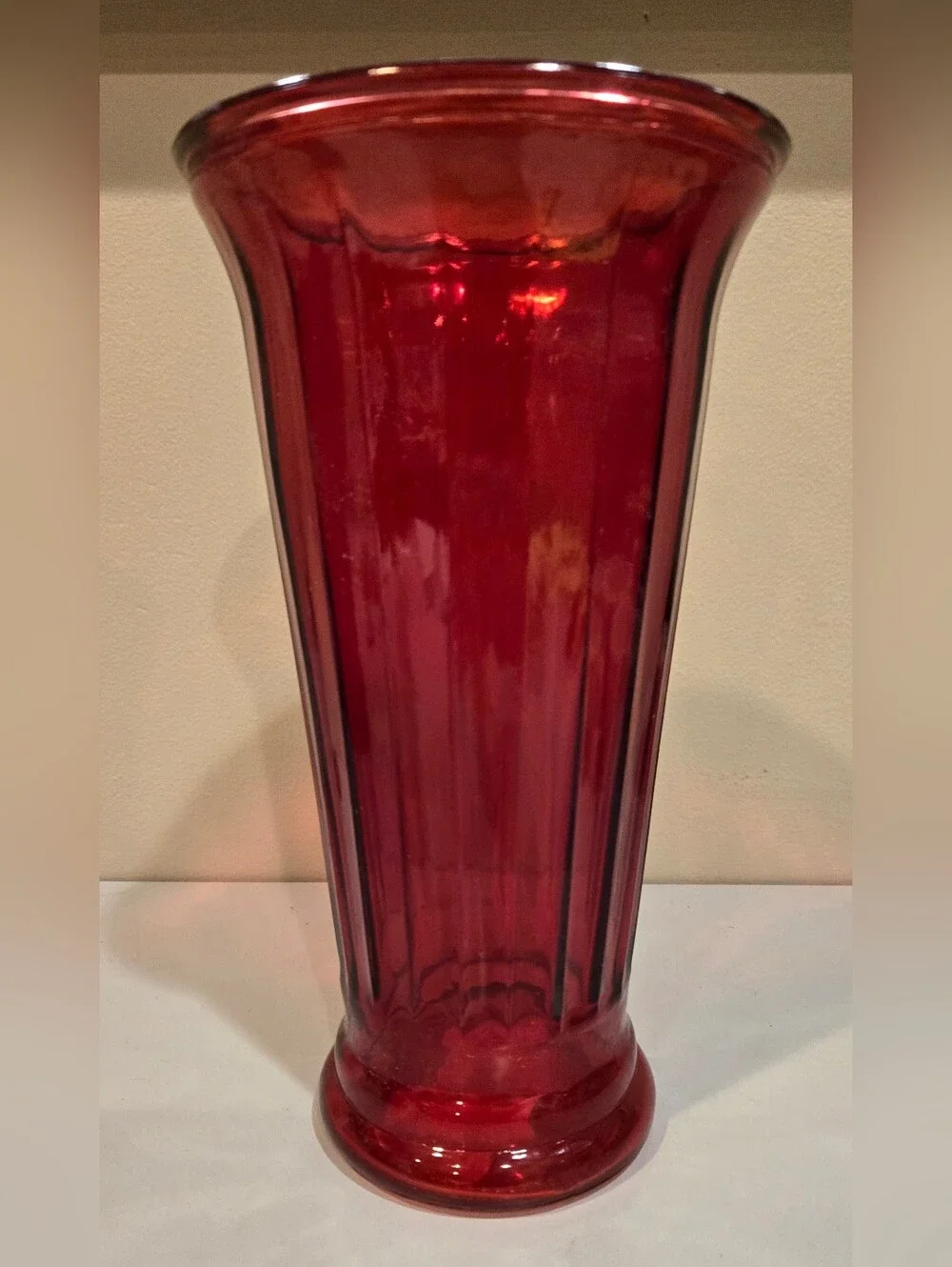 Red Ribbed Glass Decorative Vase - Brand Unspecified